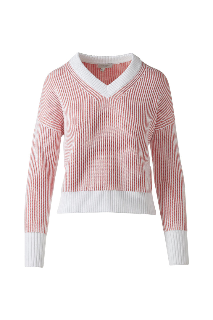 Kinross Plaited Rib Vee in Coral & White - Mildred Hoit