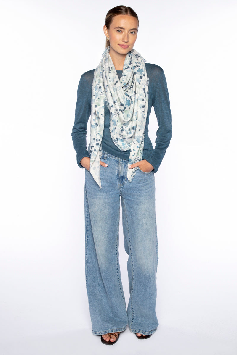 Kinross Droplet Print Fringe Triangle Wrap in Skyway Multi - Mildred Hoit