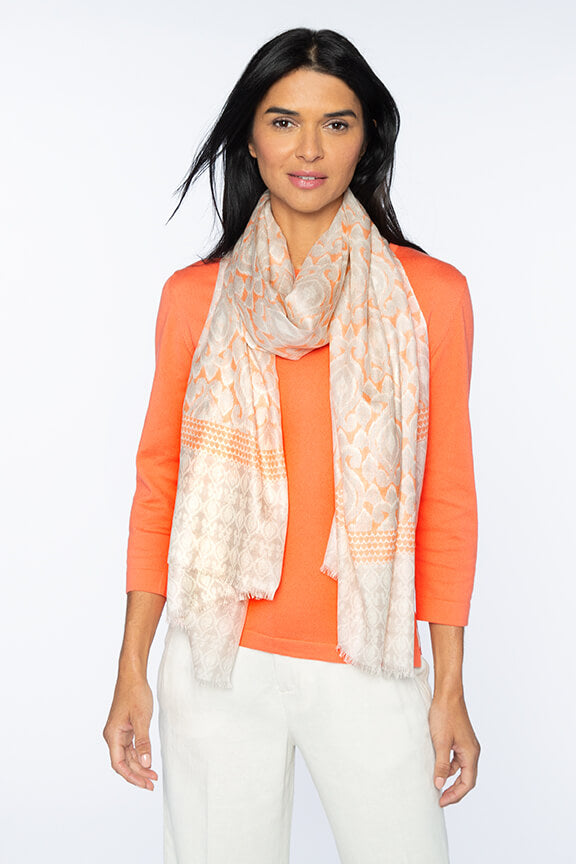 Kinross Algarve Ikat Print Scarf in Mango Multi available at Mildred Hoit in Palm Beach.