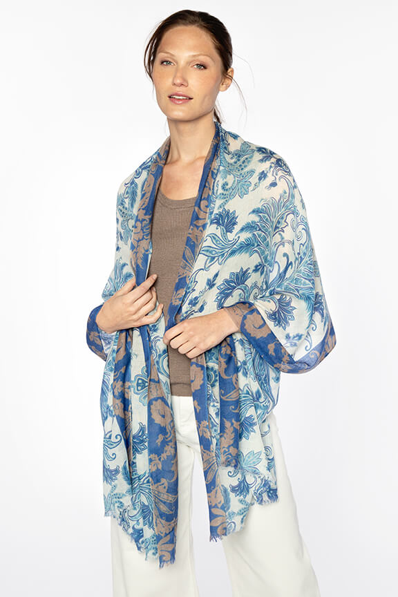 Kinross Tavira Tile Print Scarf in Azul available at Mildred Hoit in Palm Beach.