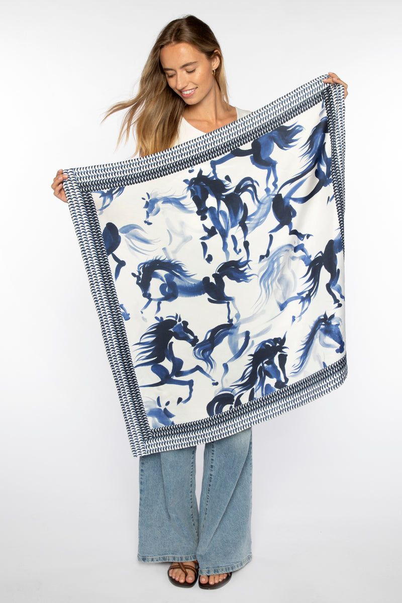Kinross Horse Print Scarf in Navy - Mildred Hoit