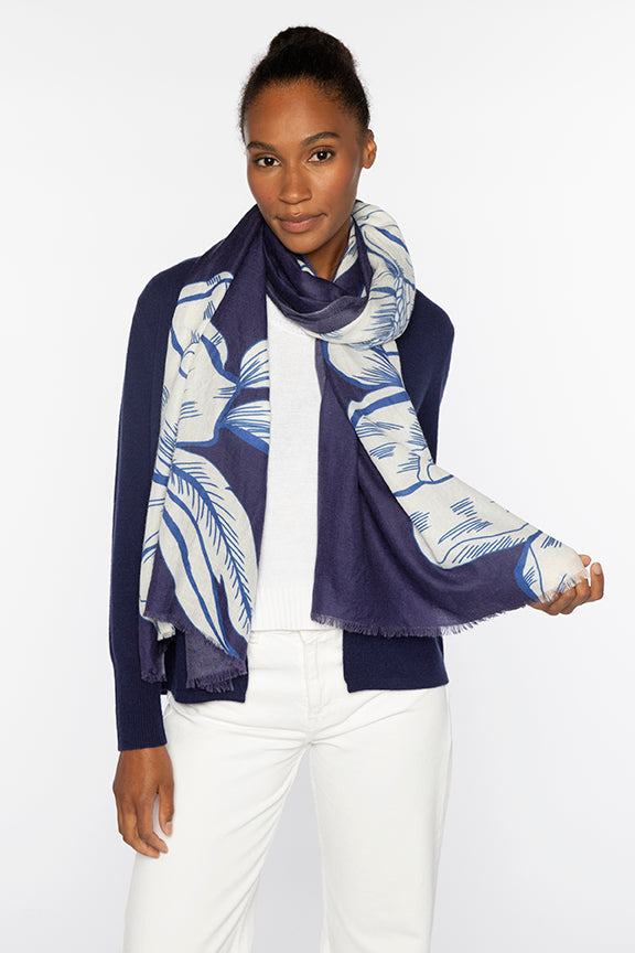 Kinross Oversized Blooms Print Scarf in Navy - Mildred Hoit