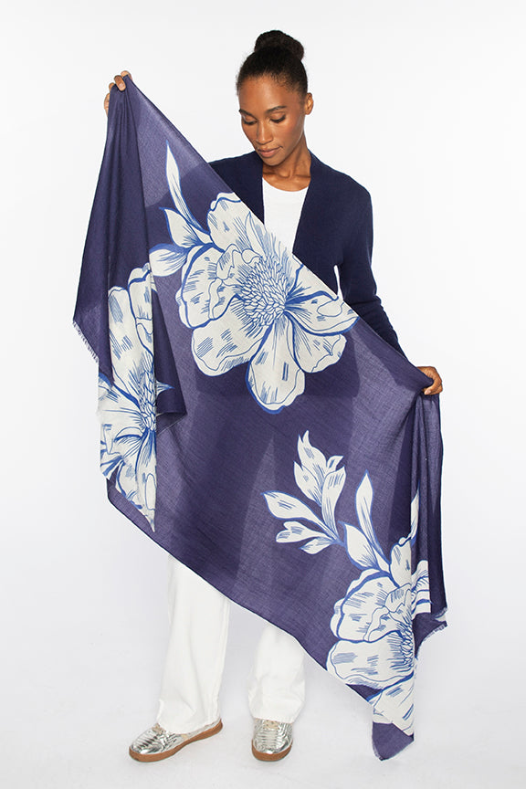 Kinross Oversized Blooms Print Scarf in Navy - Mildred Hoit