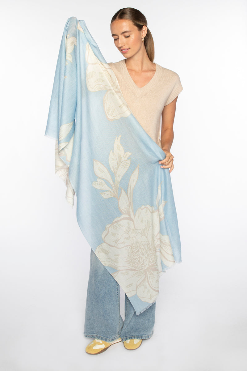 Kinross Oversized Blooms Print Scarf in Skyway - Mildred Hoit