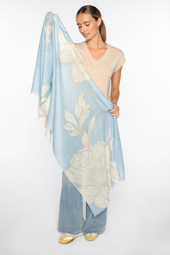 Kinross Oversized Blooms Print Scarf in Skyway - Mildred Hoit