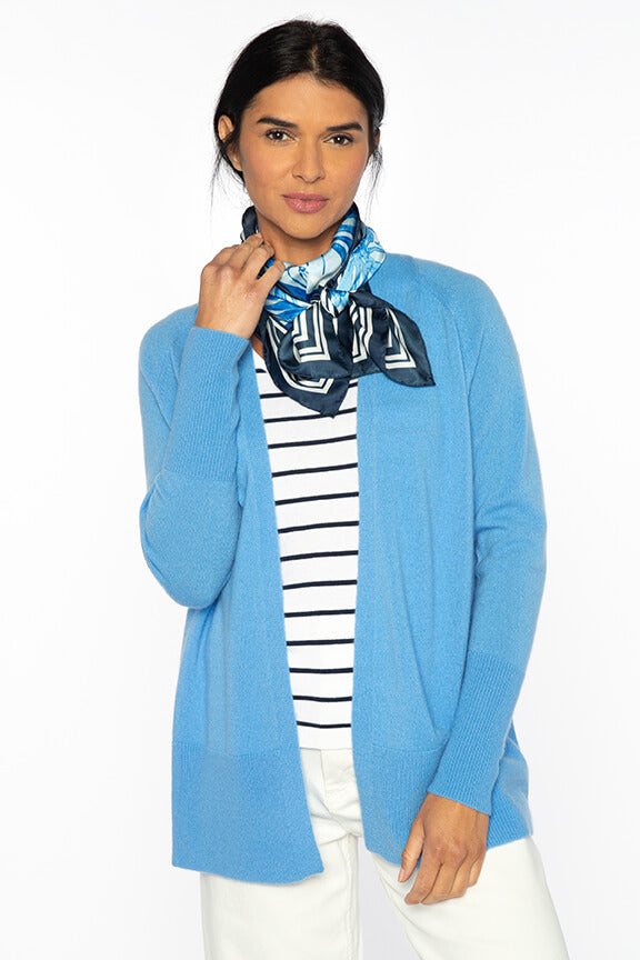 Kinross Rib Trim Easy Cardigan in Azul available at Mildred Hoit in Palm Beach.