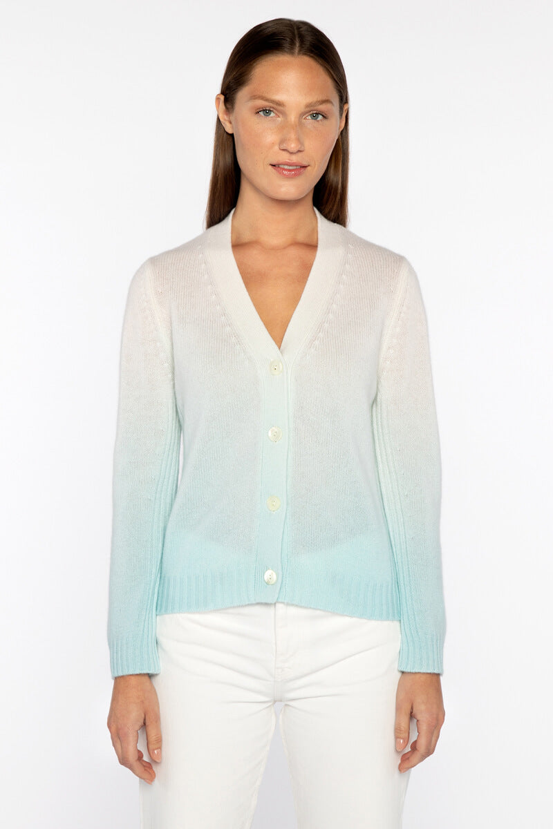 Kinross Ombre Vee Cardigan in Aquatic - Mildred Hoit