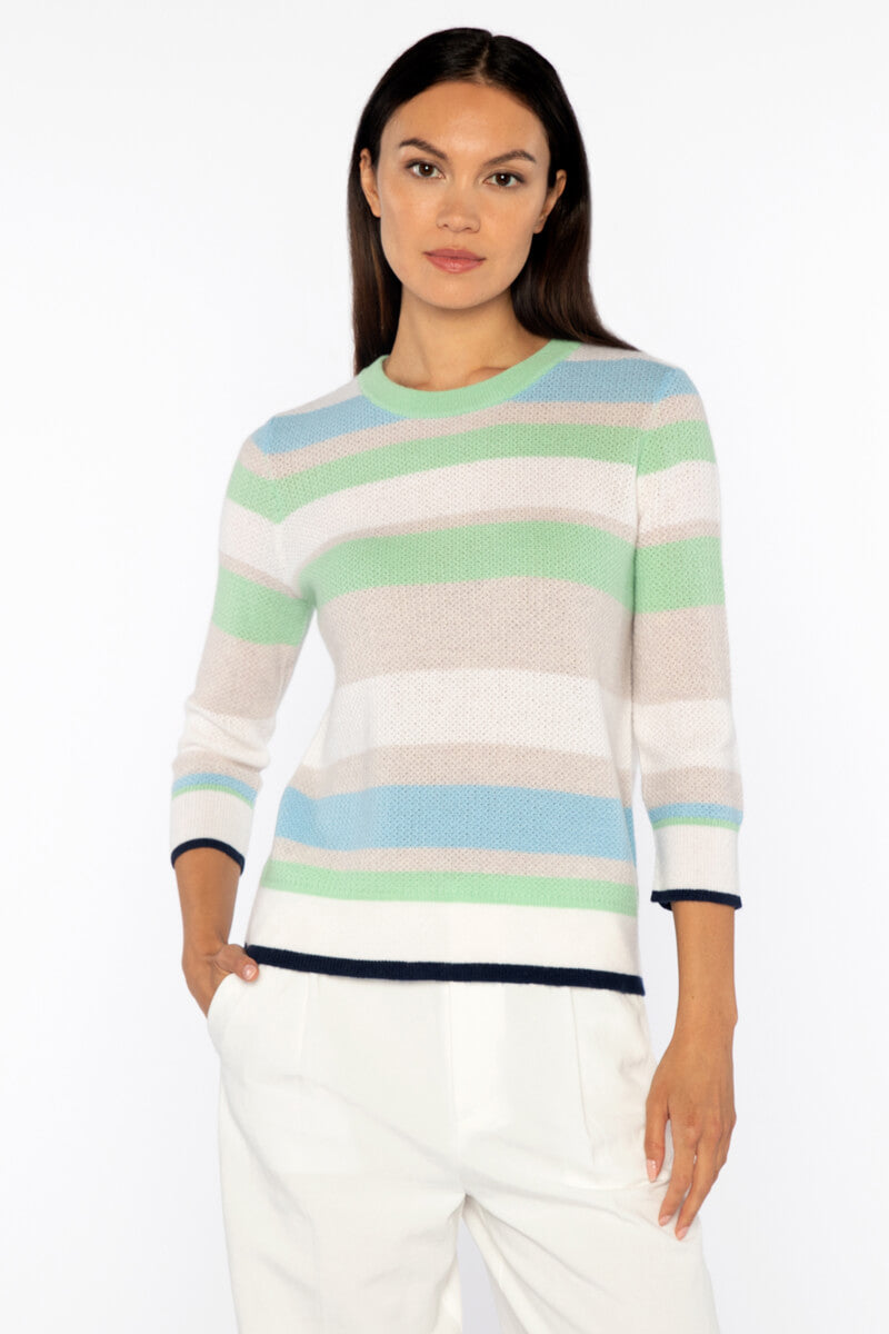 Kinross Three Quarter Sleeve Openwork Stripe Crew Sweater in Tranquil Multi - Mildred Hoit