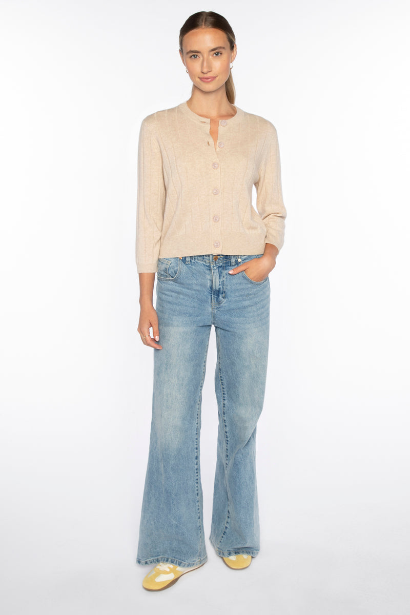 Kinross Short Rib Crew Cardigan in Straw - Mildred Hoit