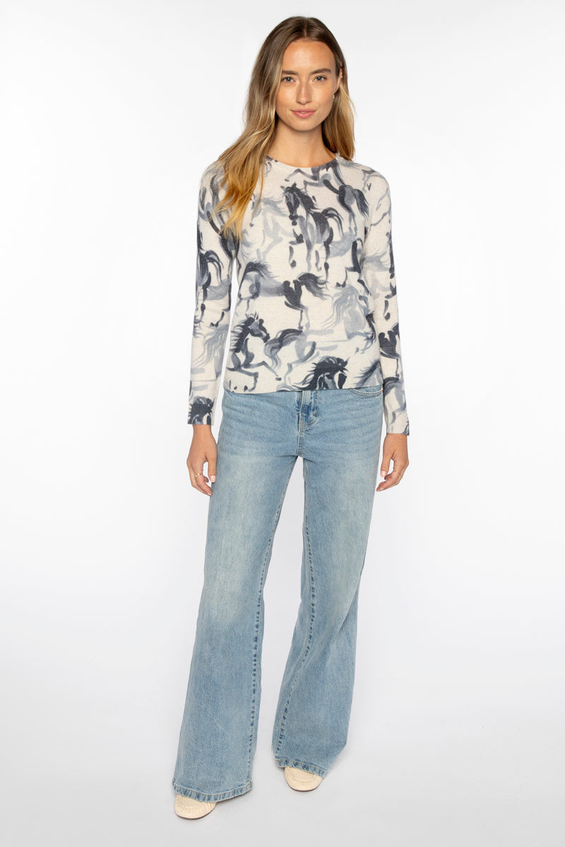 Kinross Horse Print Crew in Cloud - Mildred Hoit