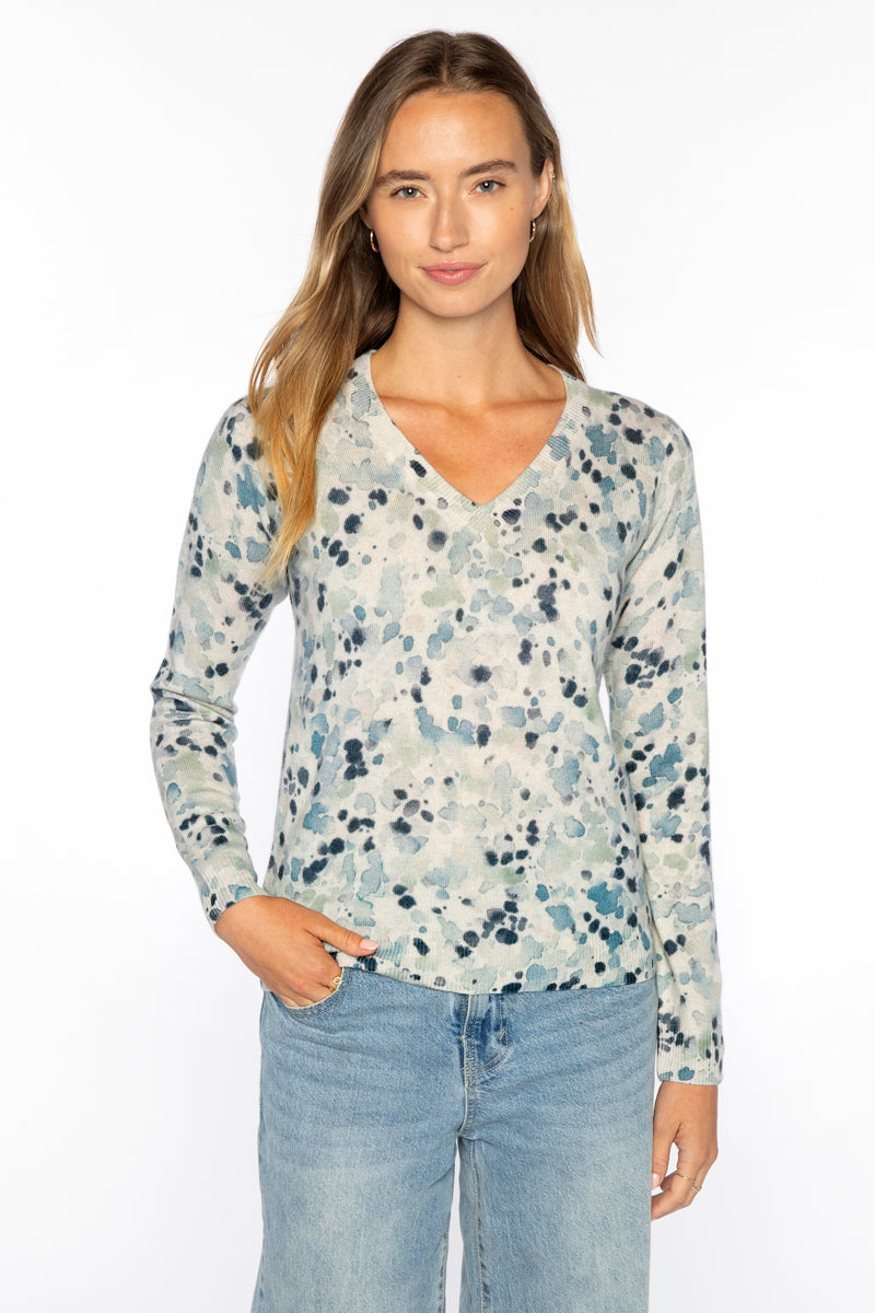 Kinross Droplet Print Vee in Skyway Multi - Mildred Hoit