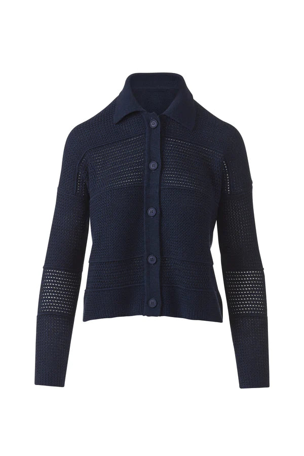 Kinross Mixed Texture Collared Cardigan in Navy - Mildred Hoit
