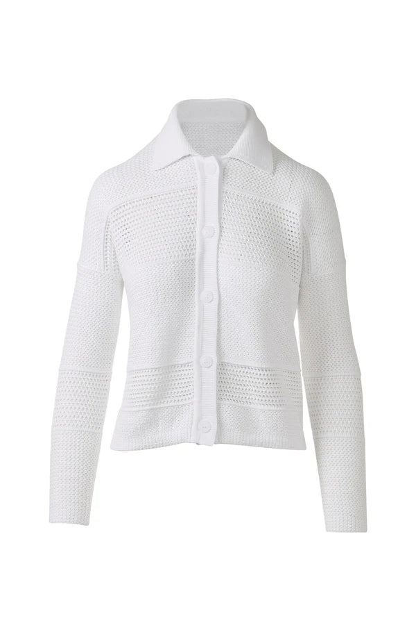 Kinross Mixed Texture Collared Cardigan in White - Mildred Hoit