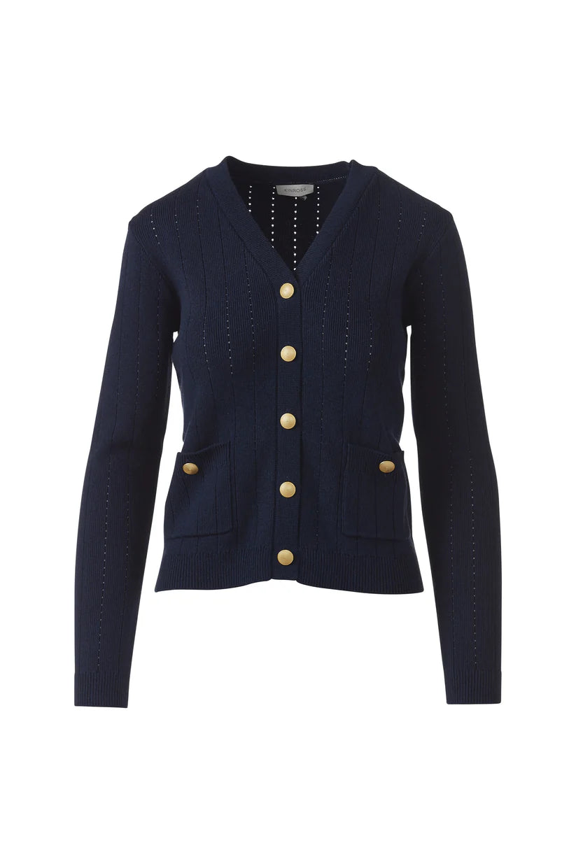 Kinross Rib Button Front Vee in Navy - Mildred Hoit