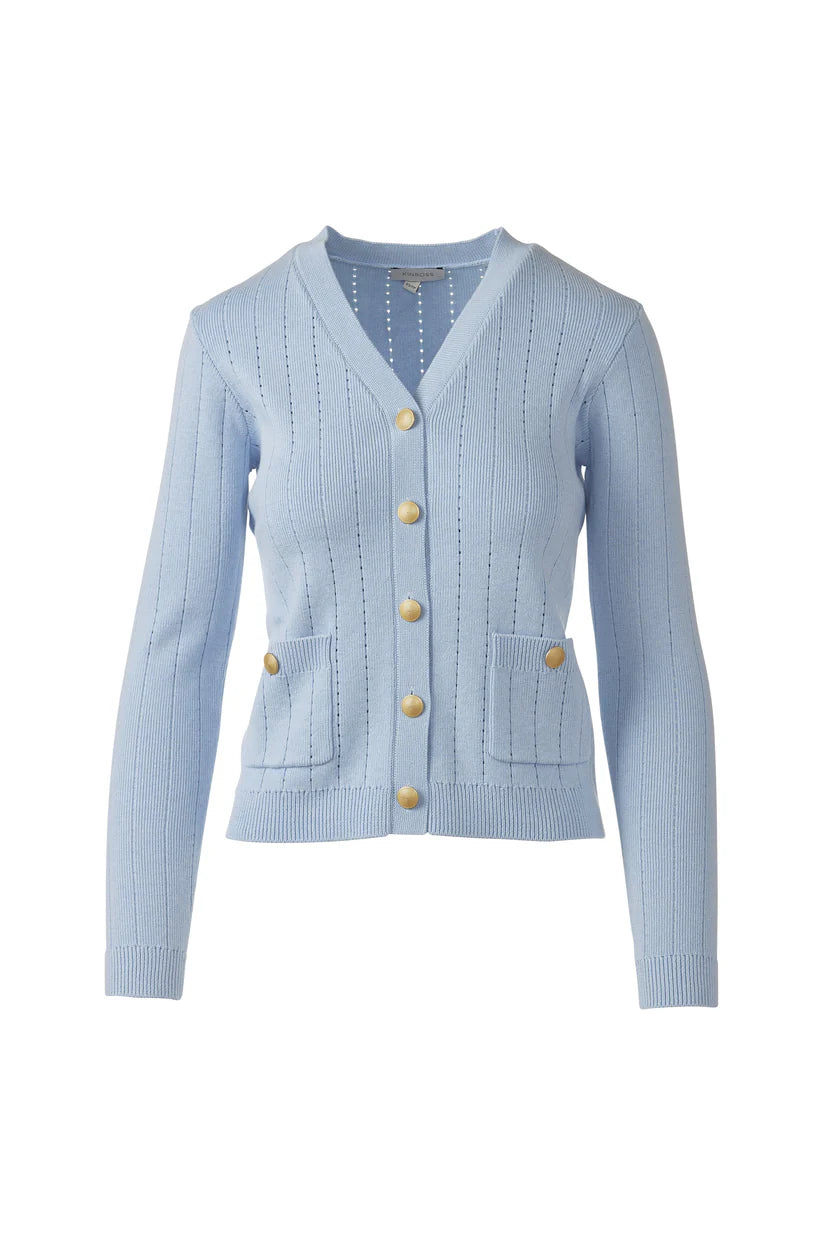 Kinross Rib Button Front Vee in Skyway - Mildred Hoit