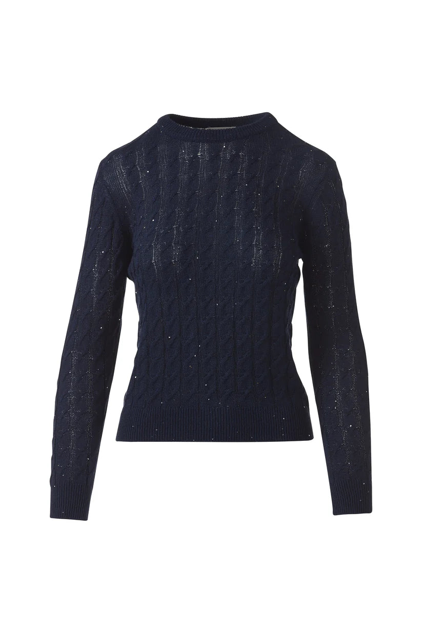 Kinross Featherweight Sequin Cable Crew in Navy - Mildred Hoit