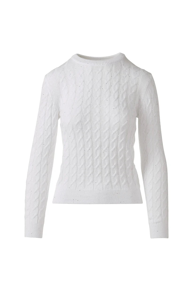 Kinross Featherweight Sequin Cable Crew in White - Mildred Hoit