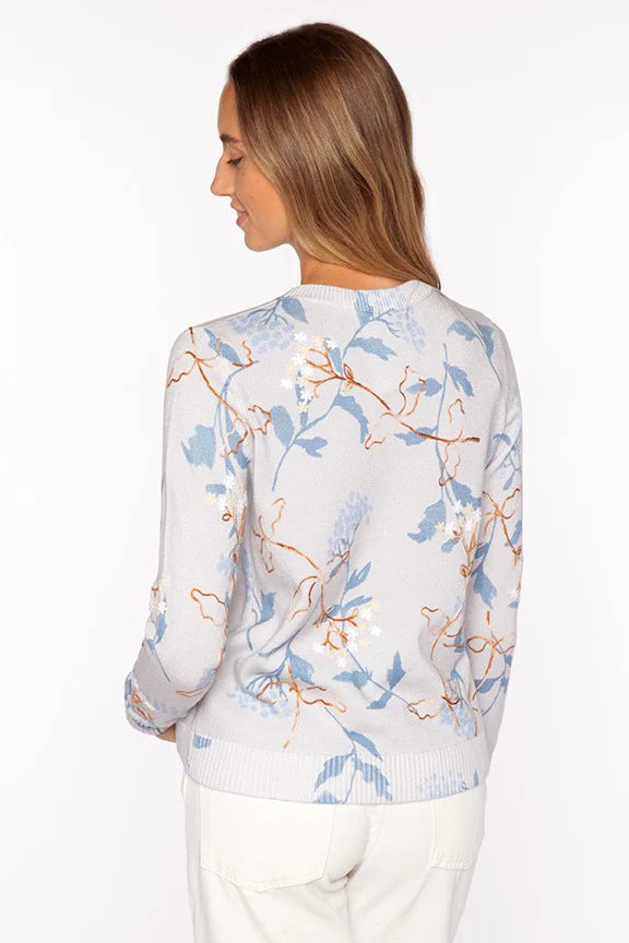 Kinross Printed & Embroidered Crew Dove Multi - Mildred Hoit