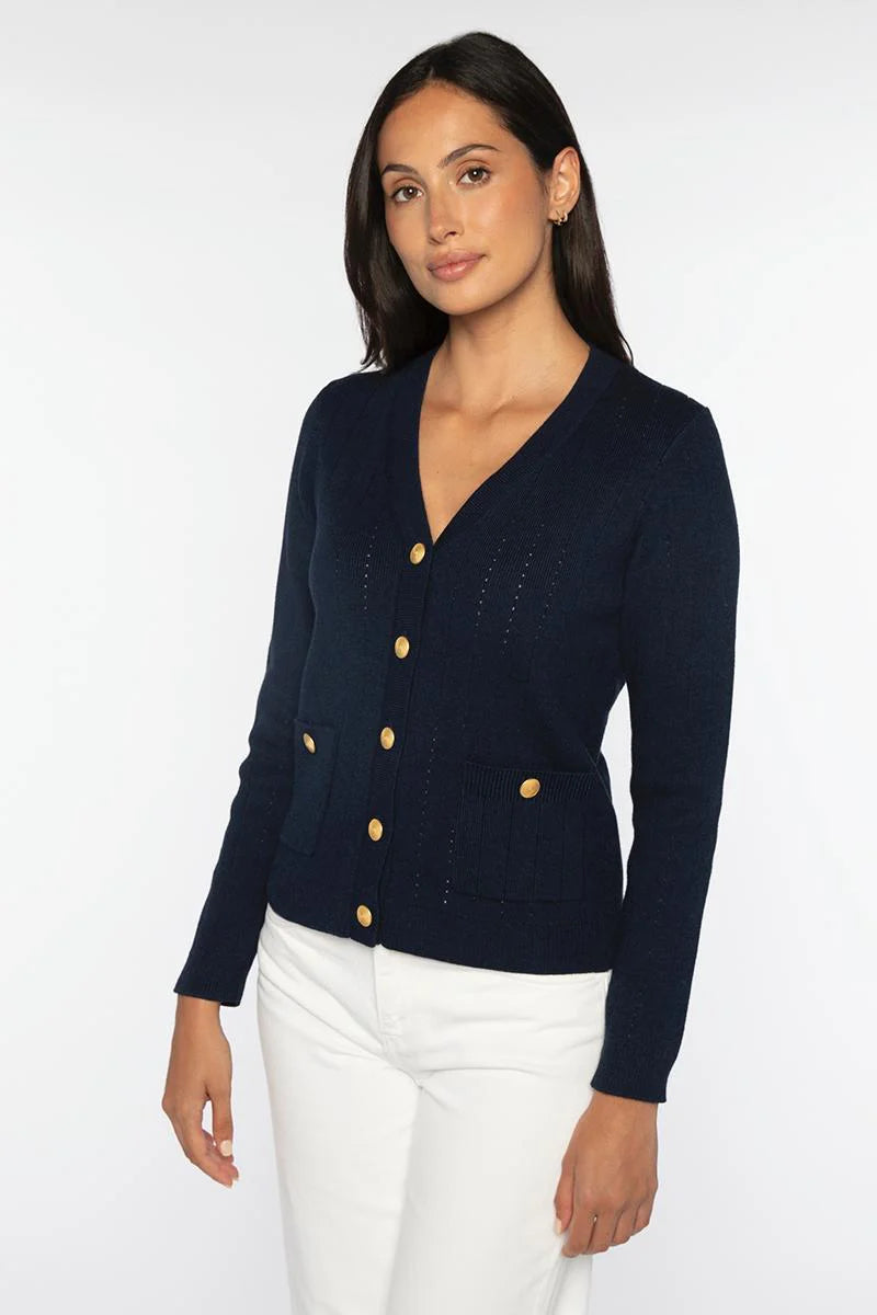 Kinross Rib Button Front Vee in Navy - Mildred Hoit