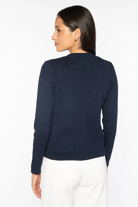 Kinross Rib Button Front Vee in Navy - Mildred Hoit