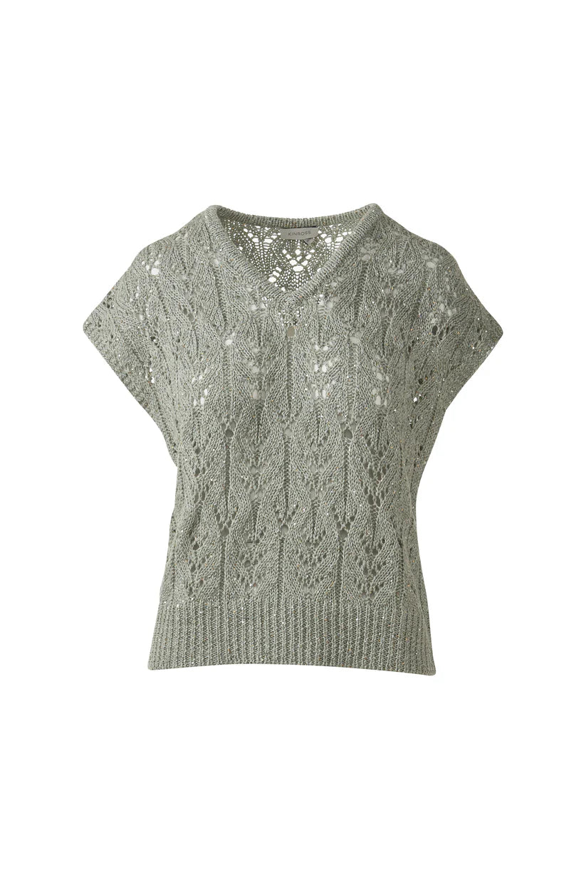 Kinross Sequin Cap Sleeve Openwork Vee in Fern - Mildred Hoit