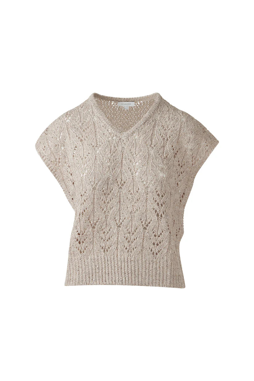 Kinross Sequin Cap Sleeve Openwork Vee in Straw - Mildred Hoit