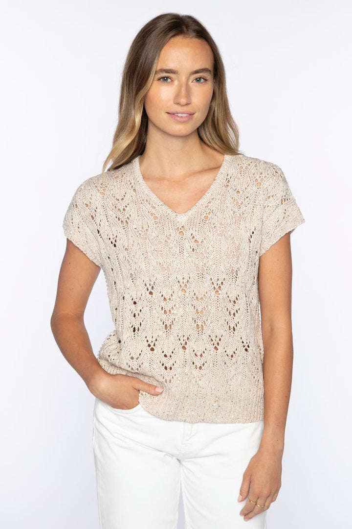 Kinross Sequin Cap Sleeve Openwork Vee in Straw - Mildred Hoit