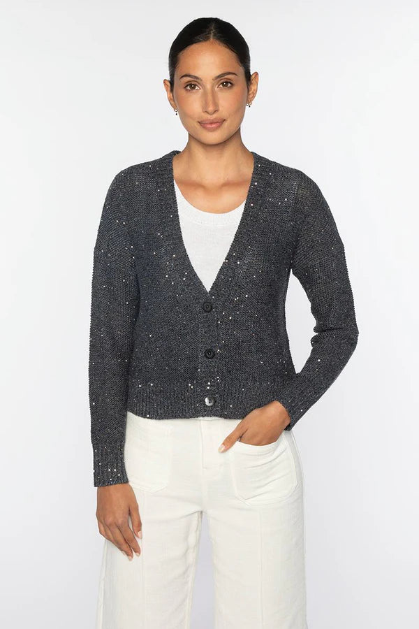 Kinross Sequin Vee Cardigan in Indigo - Mildred Hoit