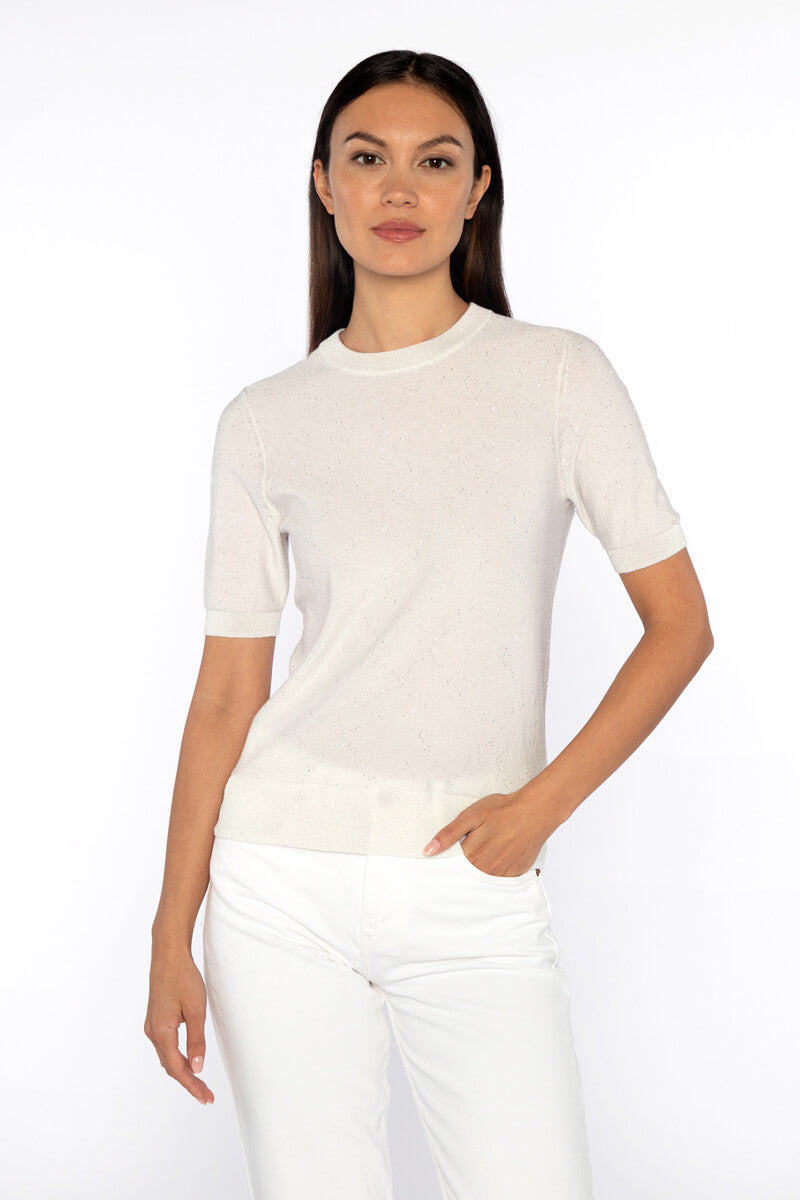 Kinross Sequin Short Sleeve Crew in Ivory available at Mildred Hoit in Palm Beach.