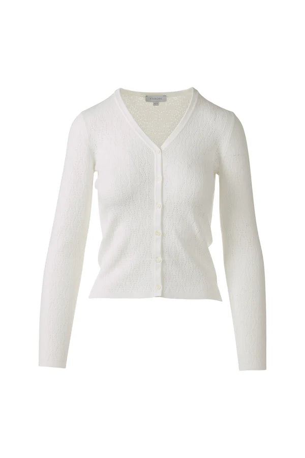 Kinross Pointelle Button Front Vee in White - Mildred Hoit
