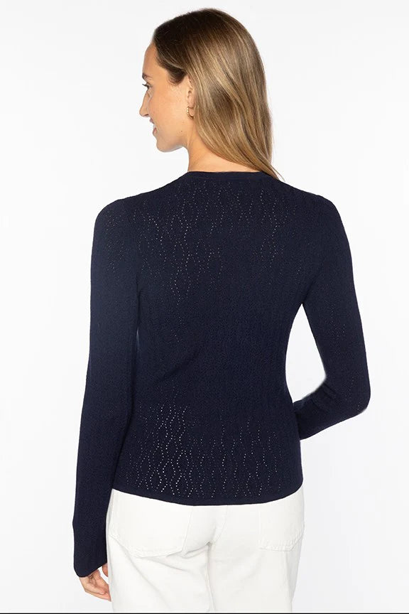 Kinross Pointelle Button Front Vee in Navy - Mildred Hoit