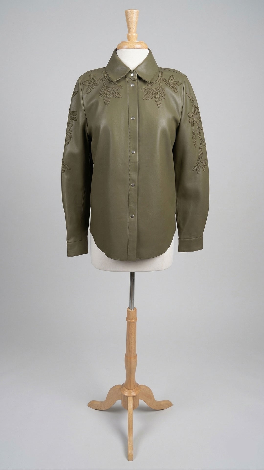 Embellished Lamb Leather Shirt in Olive - Mildred Hoit