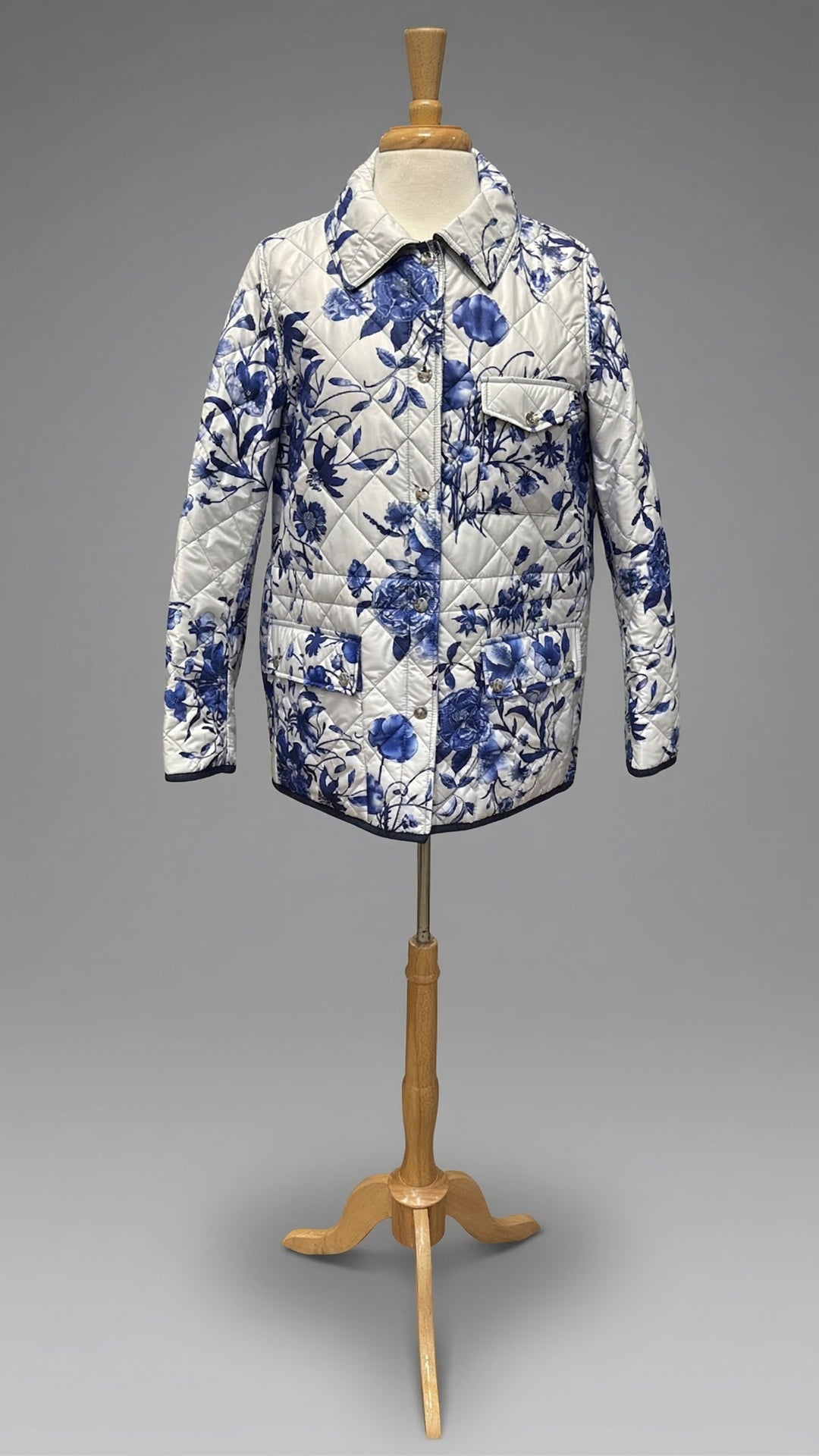 Landi Quilted Botanical Print Jacket in White & Blue - Mildred Hoit