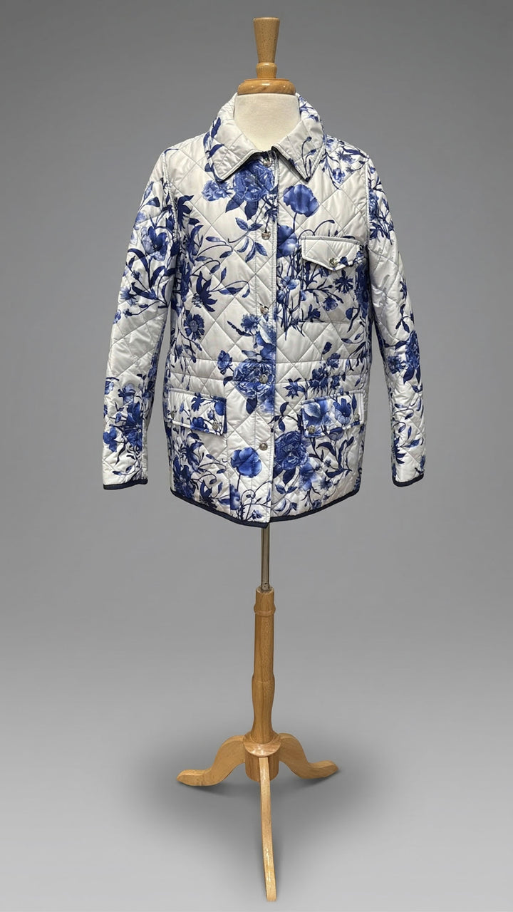 Landi Quilted Botanical Print Jacket in White & Blue - Mildred Hoit
