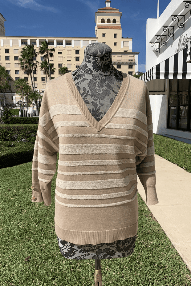 Leo & Ugo Khaki and Sand Striped Sweater available at Mildred Hoit in Palm Beach.
