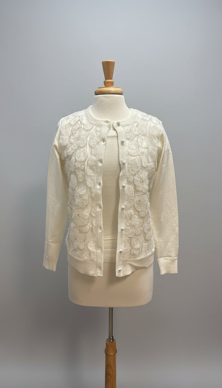 Leo & Ugo Twinset in Off-White with Sheer Floral Detail - Mildred Hoit