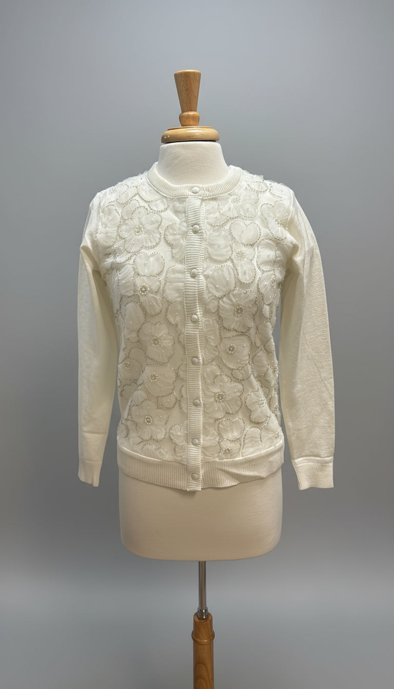 Leo & Ugo Twinset in Off-White with Sheer Floral Detail - Mildred Hoit