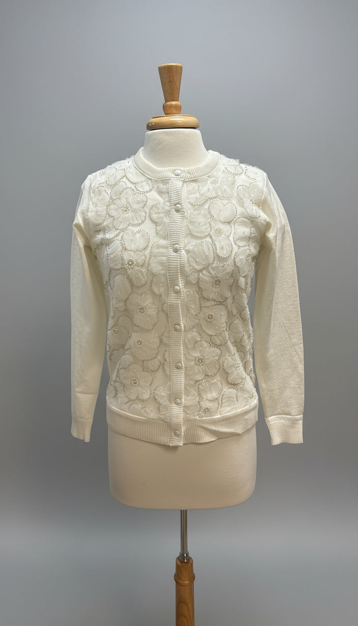 Leo & Ugo Twinset in Off-White with Sheer Floral Detail - Mildred Hoit