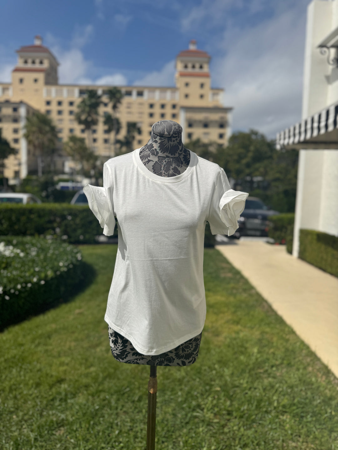 Leo & Ugo Tee with Floral Sleeve Detail in White - Mildred Hoit