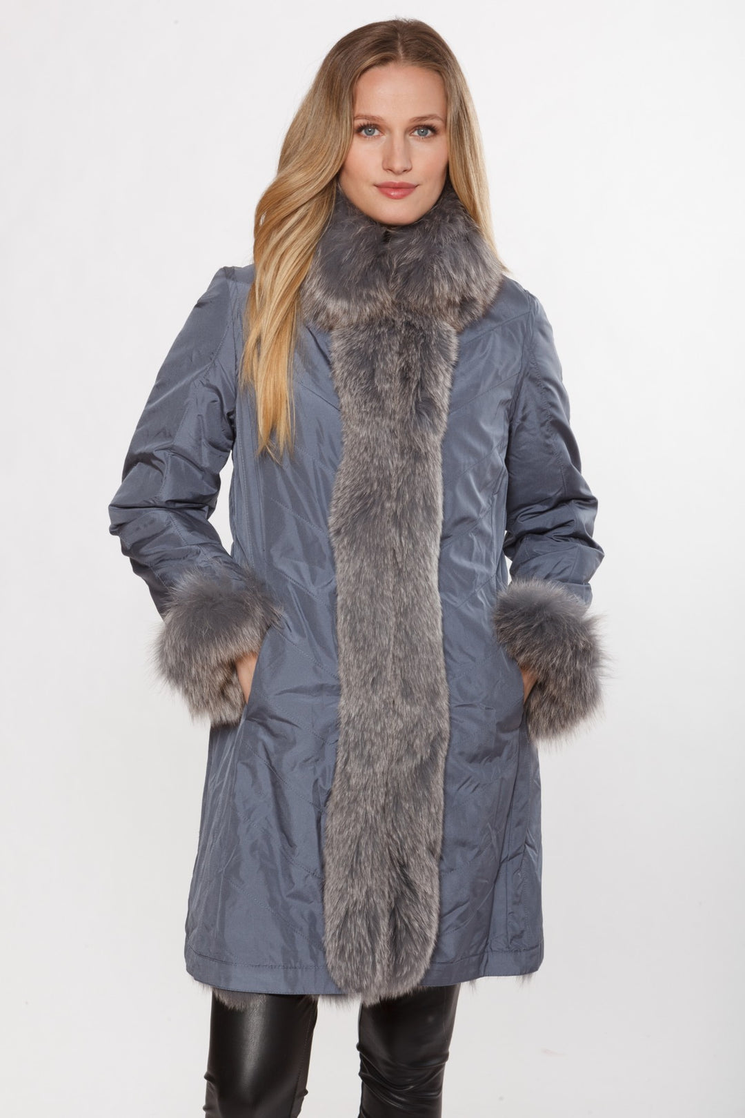 Genuine Chevron Fox Fur Reversible Coat With Travel Bag in in Slate Blue