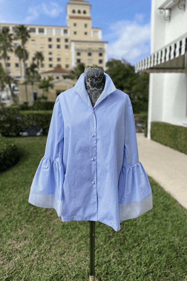 Lorain Croft Bella Blouse in Blue and White available at Mildred Hoit in Palm Beach.