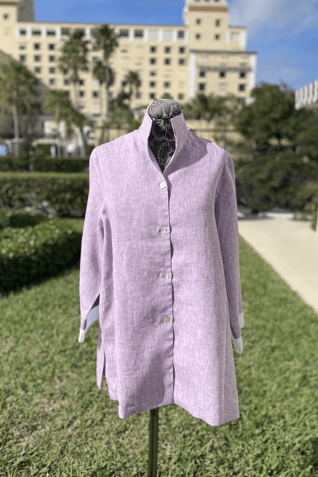 Button Down Linen Blouse in Lavender available at Mildred Hoit in Palm Beach.