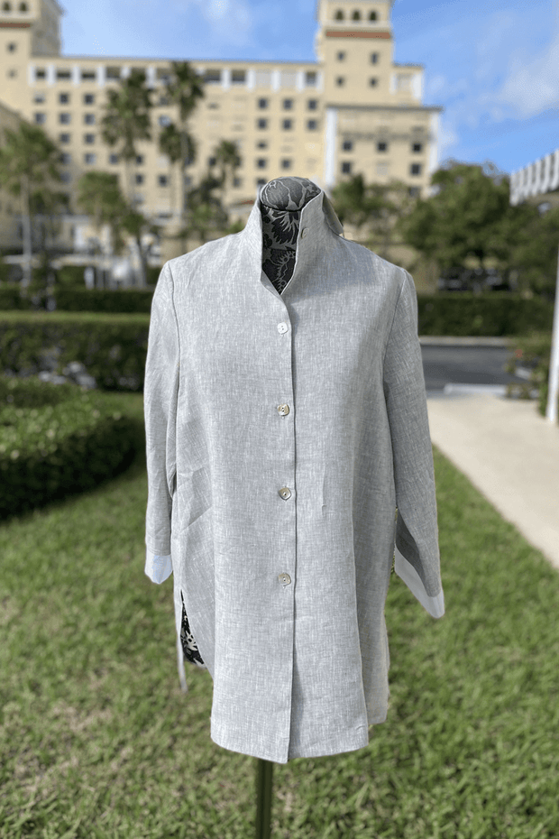 Button Down Linen Blouse in Light Grey available at Mildred Hoit in Palm Beach.