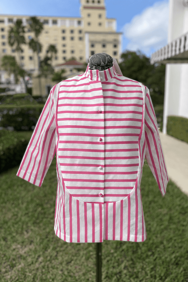 Tuxedo Blouse in Pink and White Stripes available at Mildred Hoit in Palm Beach.