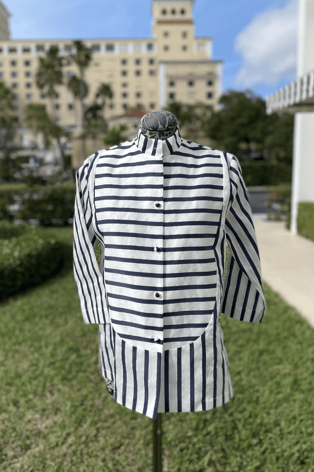 Lorain Croft Tuxedo Blue and White Striped Blouse available at Mildred Hoit in Palm Beach.