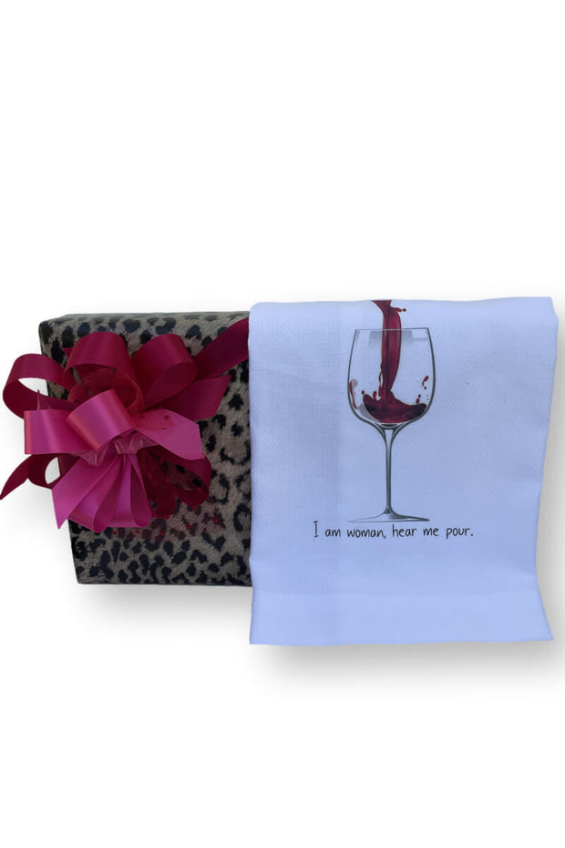 "I am woman, here me pour" Dish Towel available at Mildred Hoit in Palm Beach.