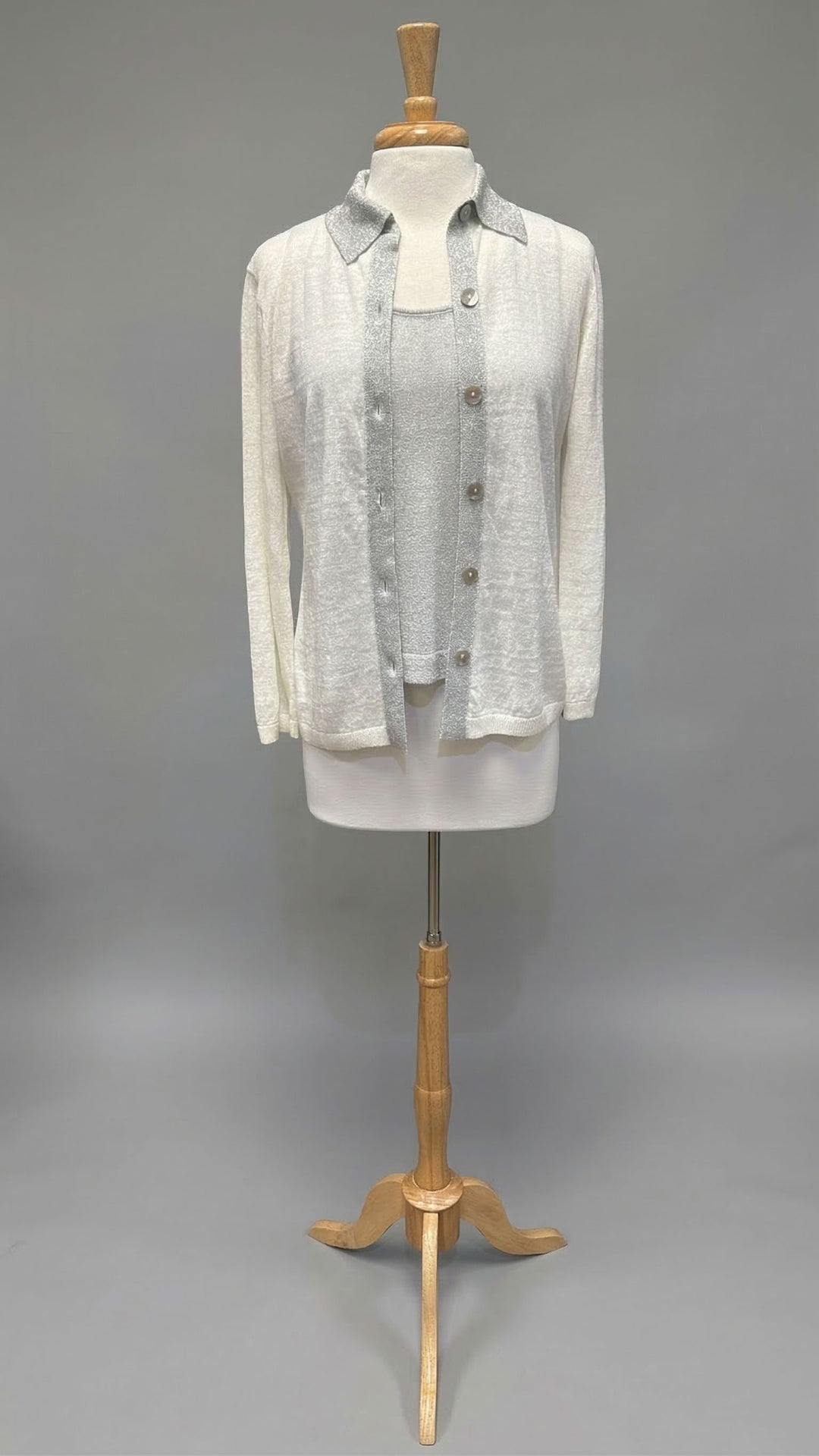 Button Front Cardigan & Shell Set in Off-White & Silver - Mildred Hoit