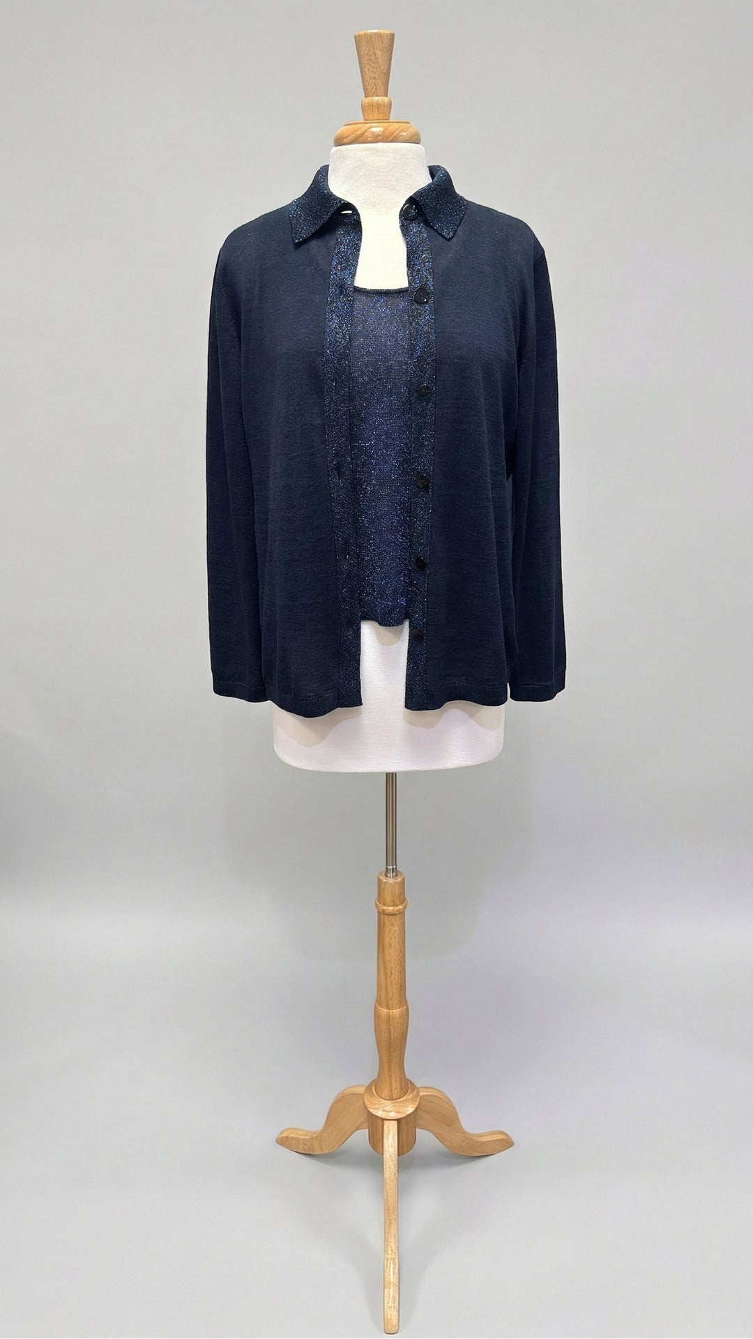 Button Front Cardigan & Shell Set in Night Blue Sparkle - Mildred Hoit