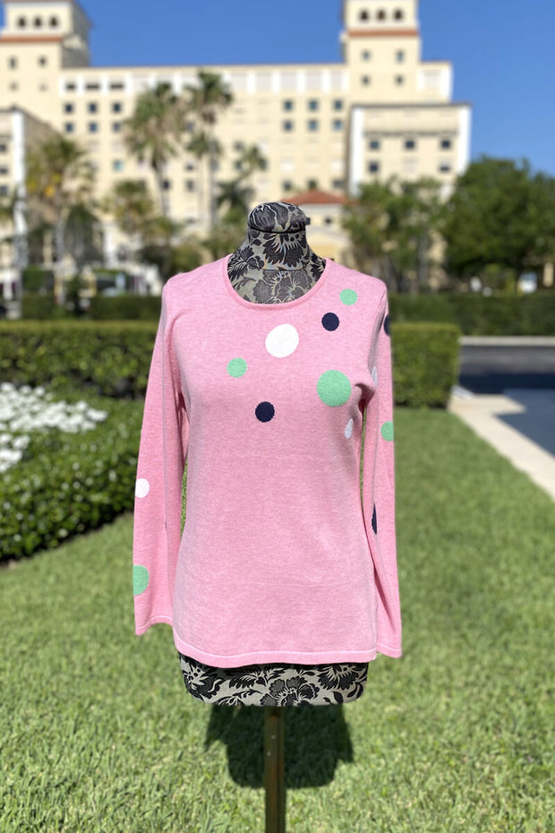 Marble Pink Sweater with Polka Dots available at Mildred Hoit in Palm Beach.