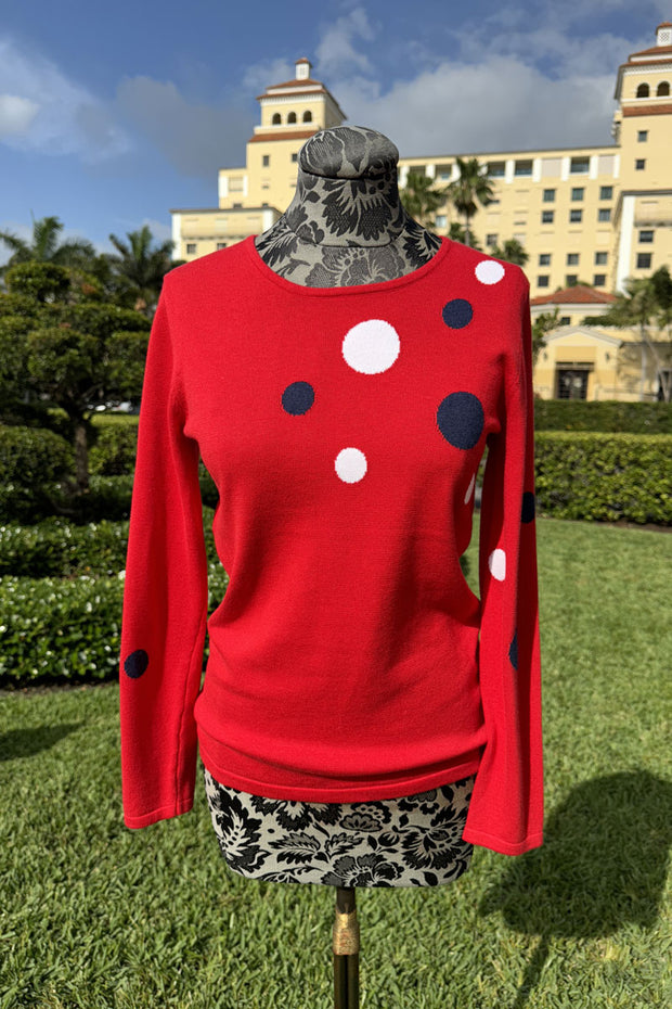 Red Knit Sweater with Polka Dot Detail